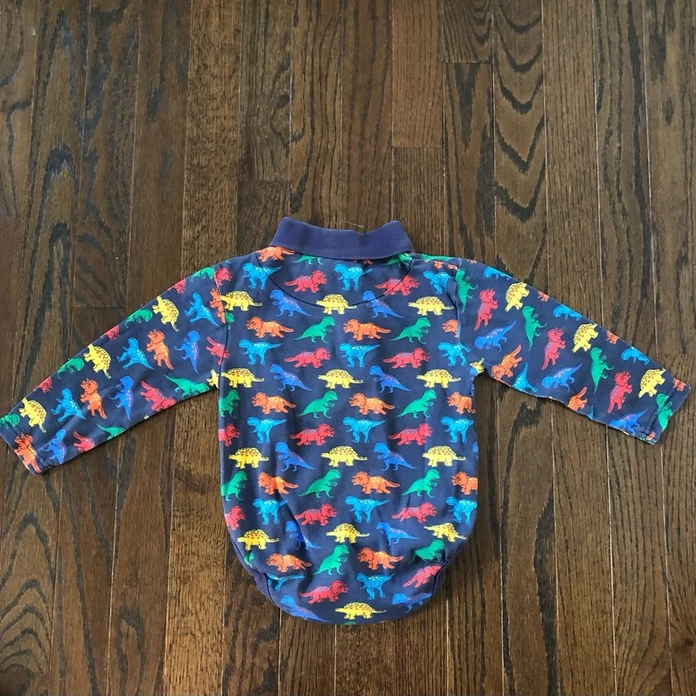JoJo Maman Bebe Boys 2-3Y Blue Multi-Colored Dinosaurs Collared Long-Sleeve Polo